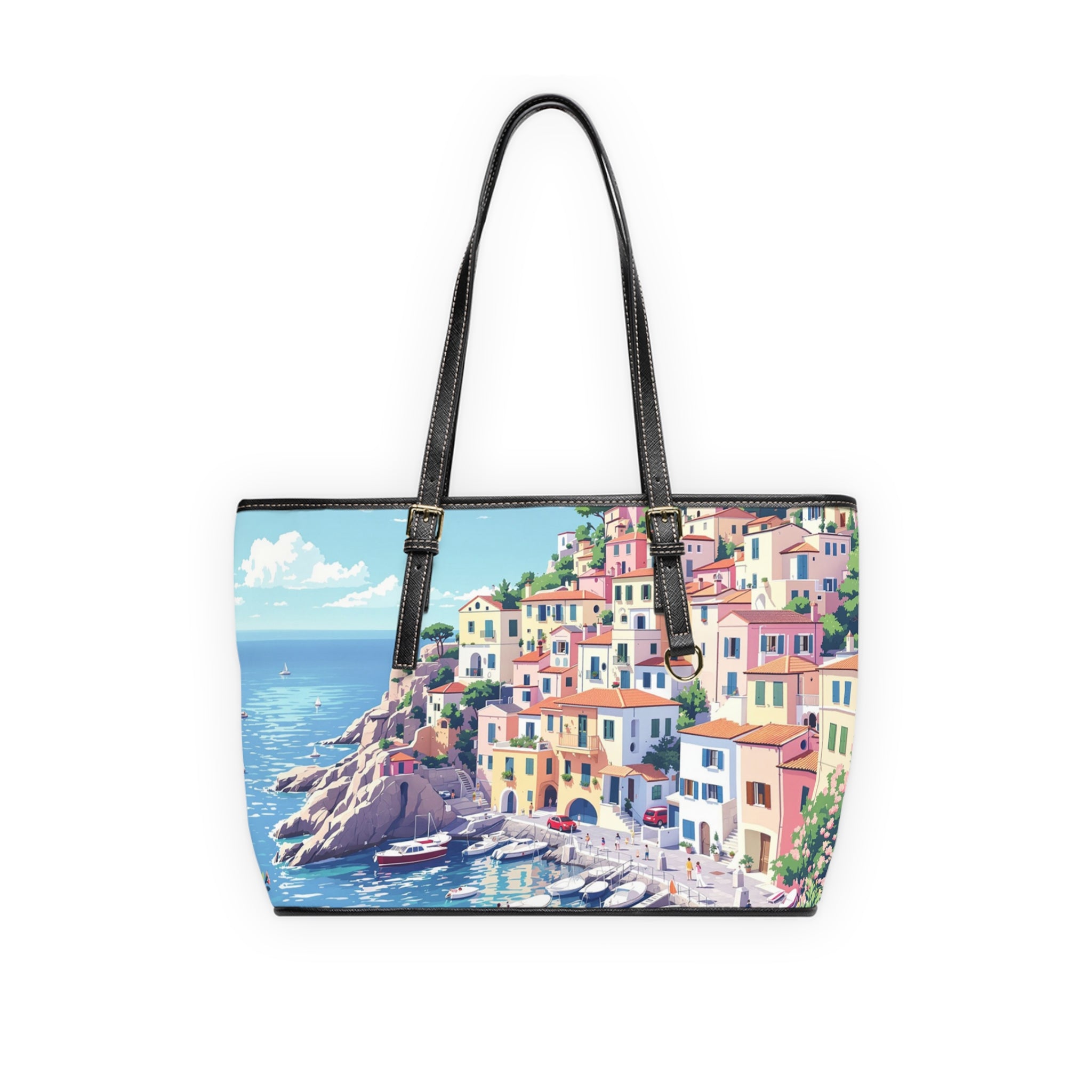 Vibrant Italian Coastal Art Tote Bag - Stylish PU Leather Shoulder Bag - Rosetta Creative Boutique